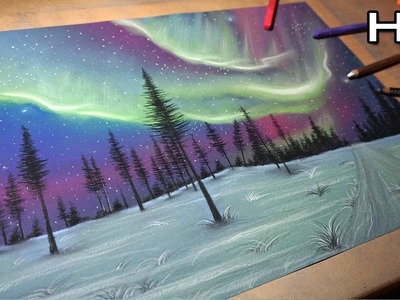 Pintando y Dibujando la Aurora Boreal con colores Pastel - Paisaje