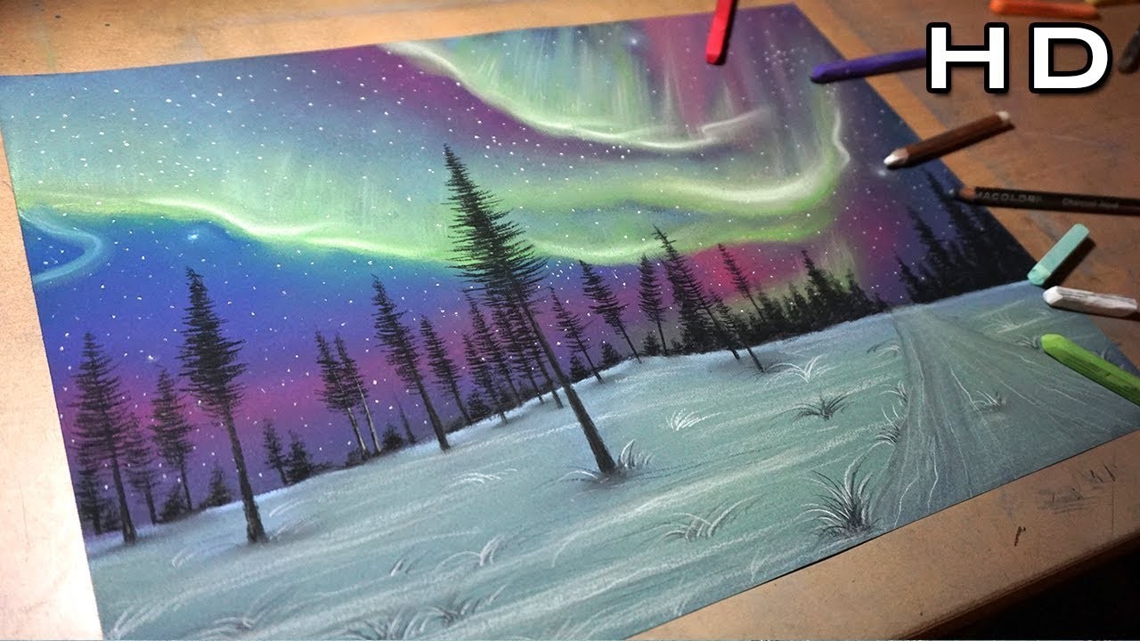 Pintando y Dibujando la Aurora Boreal con colores Pastel - Paisaje