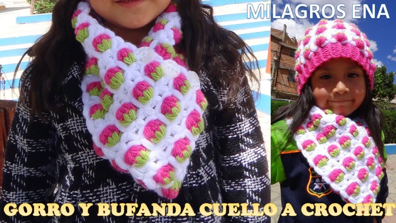 Cuello o Bufanda a crochet  para niñas en PUNTO FRESITAS PARA ZURDOS conjunto de la gorra fresitas
