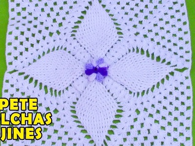 Cuadrado o muestra a crochet en punto hojitas en relieves para colchas, cobijas y mantitas de bebe