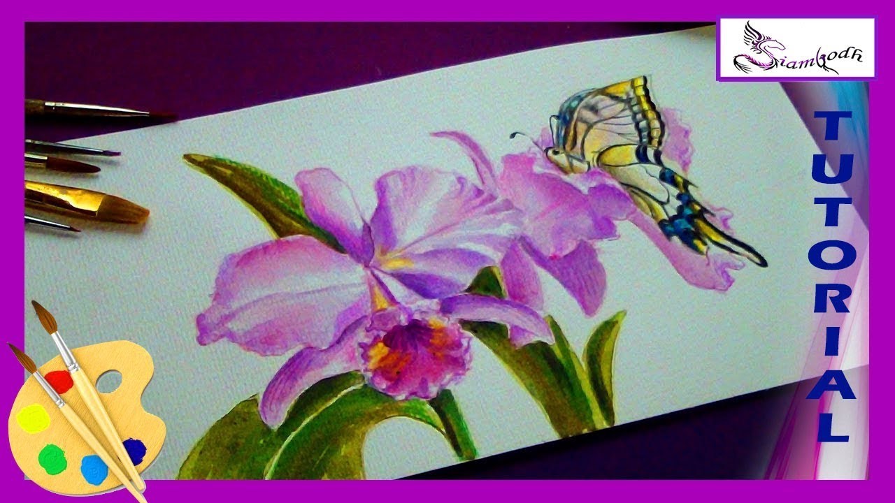 ORQUIDEAS y Mariposa Dibujo Tutorial ????COMO PINTAR FLORES en ACUARELA Watercolor