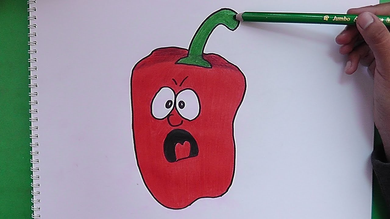 Como dibujar y colorear a Pimiento Sorprendido - How to draw and color a pepper Surprised