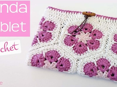 Funda para tablet | Neceser | Portatodo de crochet con flores africanas.