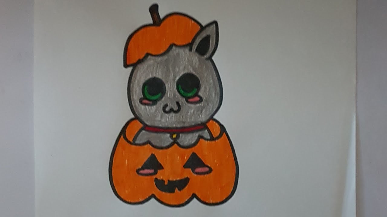 Dibujos de halloween - Como dibujar un gatito kawaii facil dentro de una calabaza paso a paso