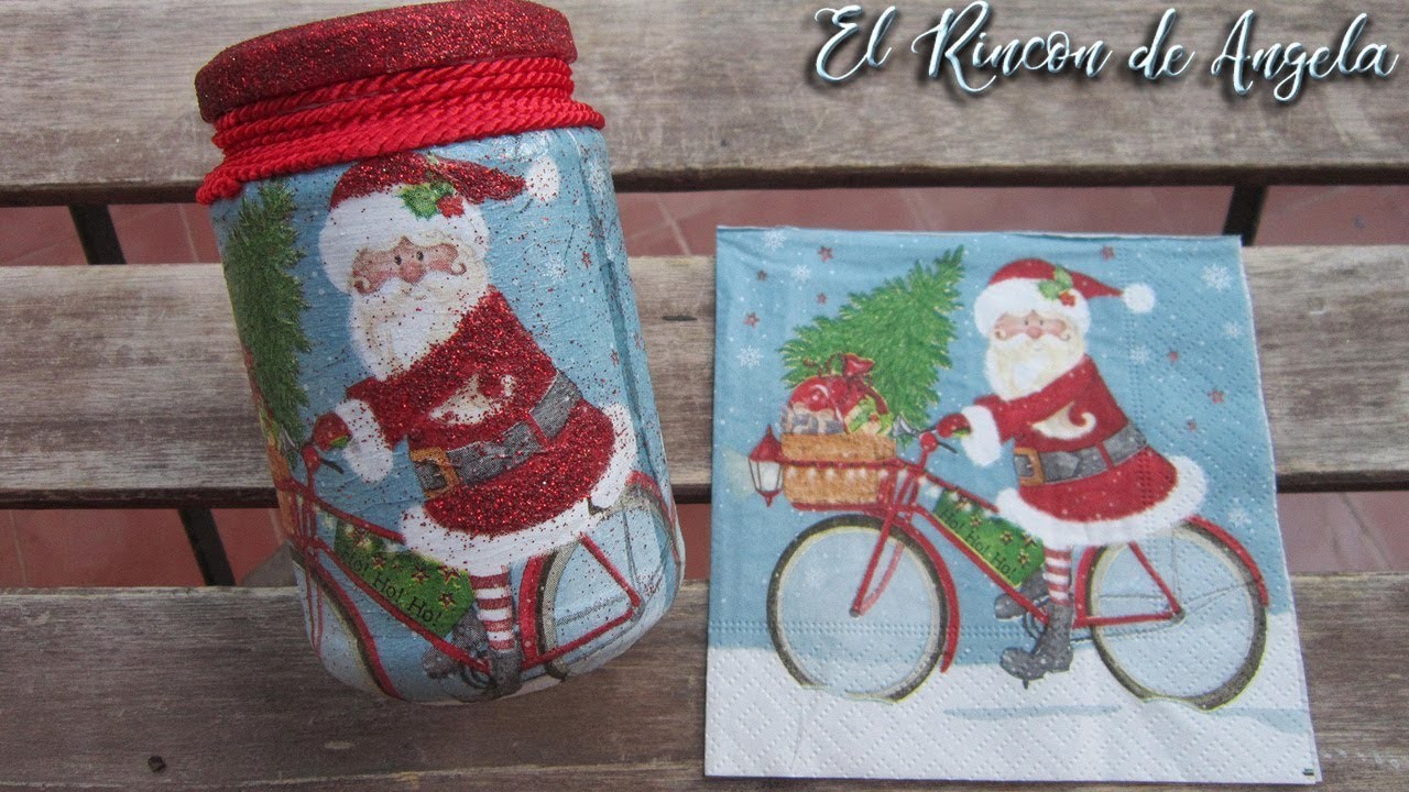Bote de cristal con decoración navideña, reciclado con decoupage y glitter-Diy - manualidades
