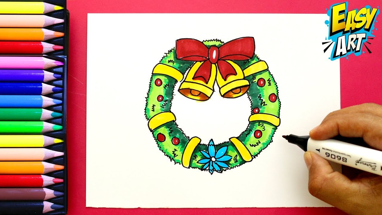 Cómo dibujar una CORONA de Navidad paso a paso - How to draw a Christmas Wreath