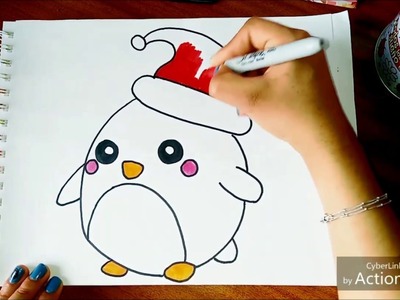 Pinguino navideño   dibujo navidad facil