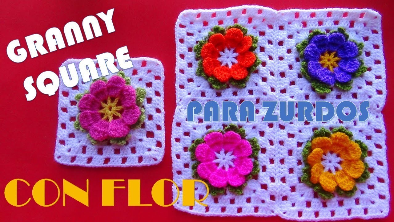 PARA ZURDOS: Flor a crochet en Granny Square para mantitas, cojines y colchas