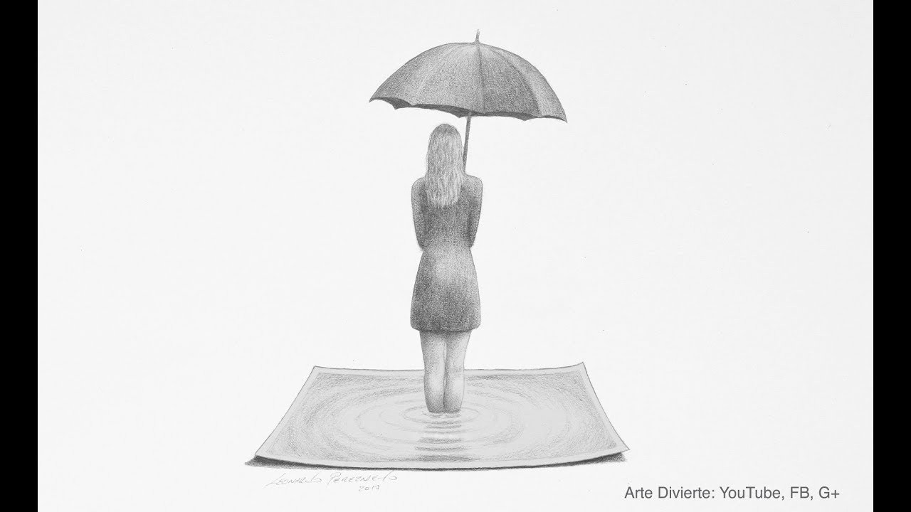 3D - Cómo dibujar una chica con paraguas - Efecto 3D fácil