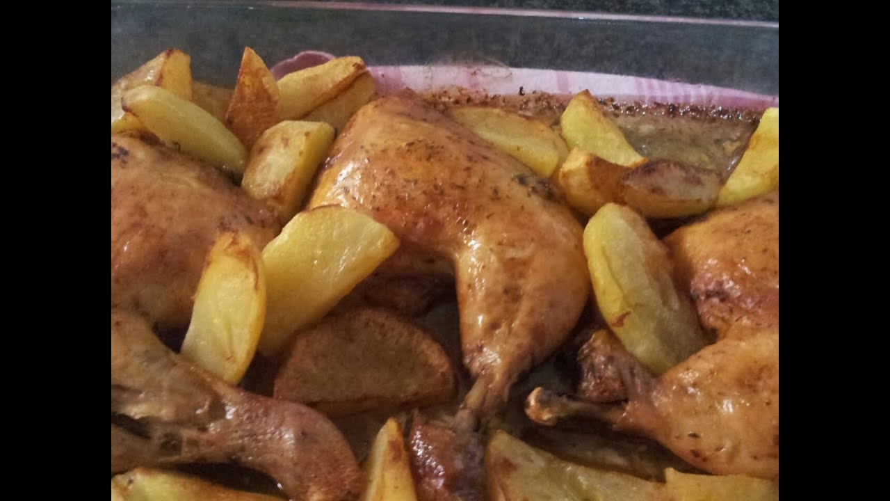 Pollo al horno con vino blanco con patatas