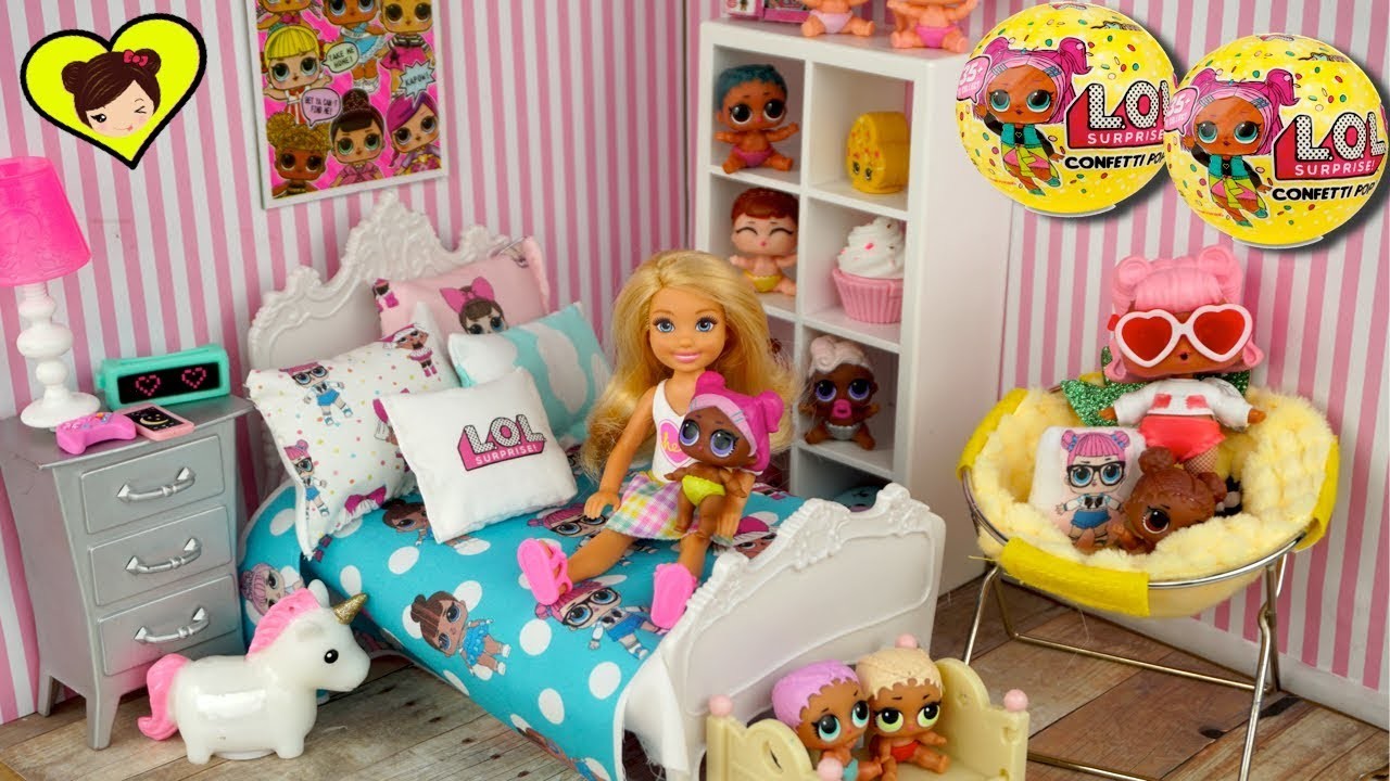 Abriendo Muñecas LOL Surprise Confetti Pop y Decorando el Cuarto de Barbie Chelsea