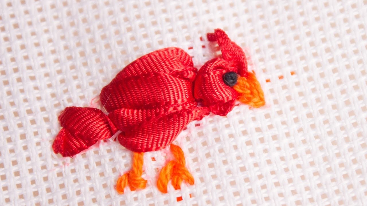 Bordado a mano con cintas o listón * PAJARITOS * CARDENAL+embroidered Bird handmade