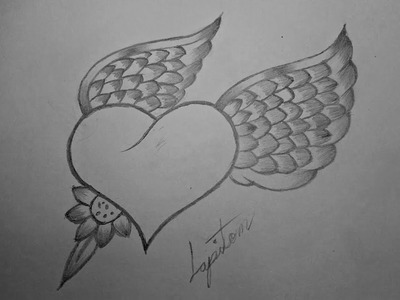 Como dibujar un corazón con alas de angel a lapiz paso a paso