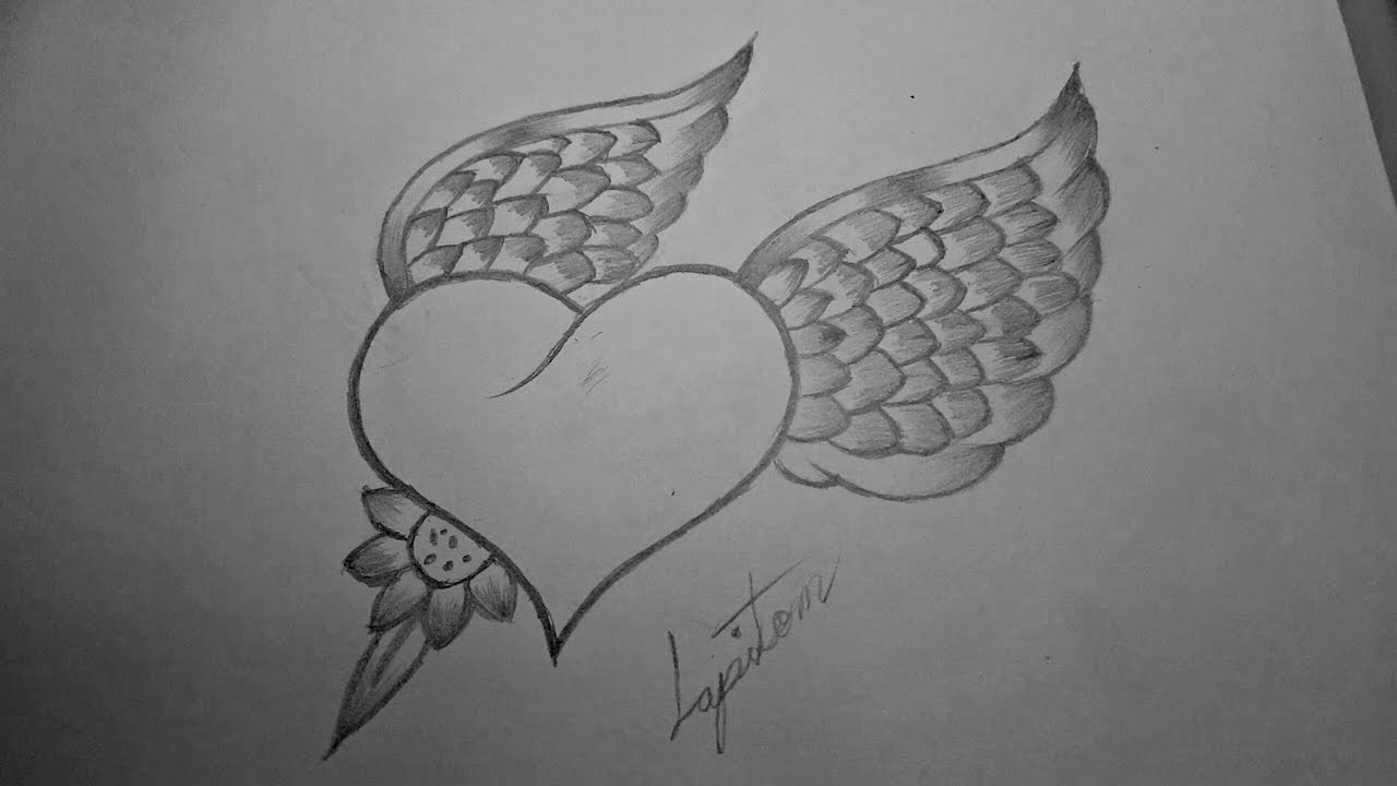 Como dibujar un corazón con alas de angel a lapiz paso a paso