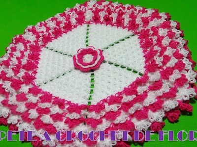 TAPETE A CROCHET con FLORES EN 3D en punto ESPUMA DE MAR PARA ZURDOS