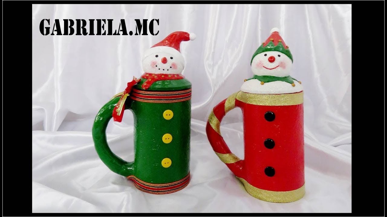 Taza navideña con tapa de muñeco de nieve : hecho con materiales reciclado
