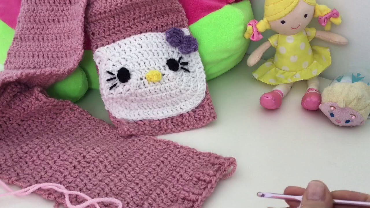 Como hacer bufanda de niña con bolsillos de Hello Kitty en Crochet (paso2de6)