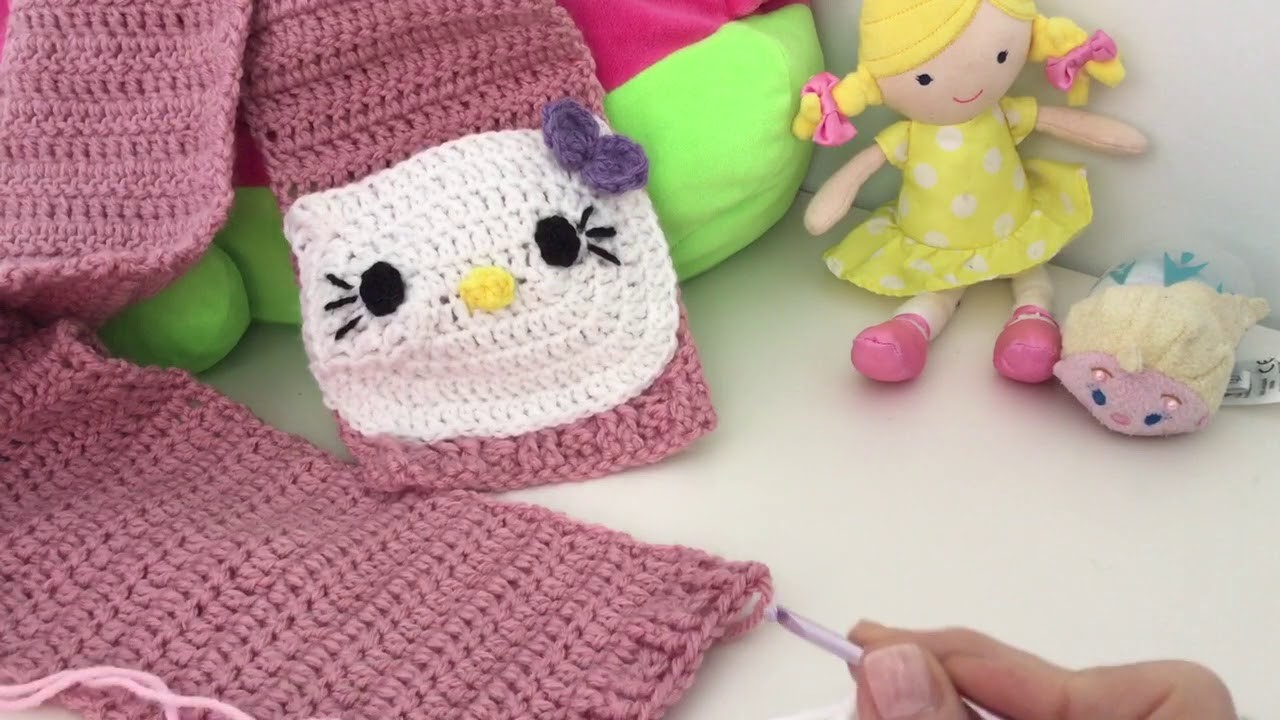 Como hacer bufanda de niña con bolsillos de Hello Kitty en crochet (paso3de6)