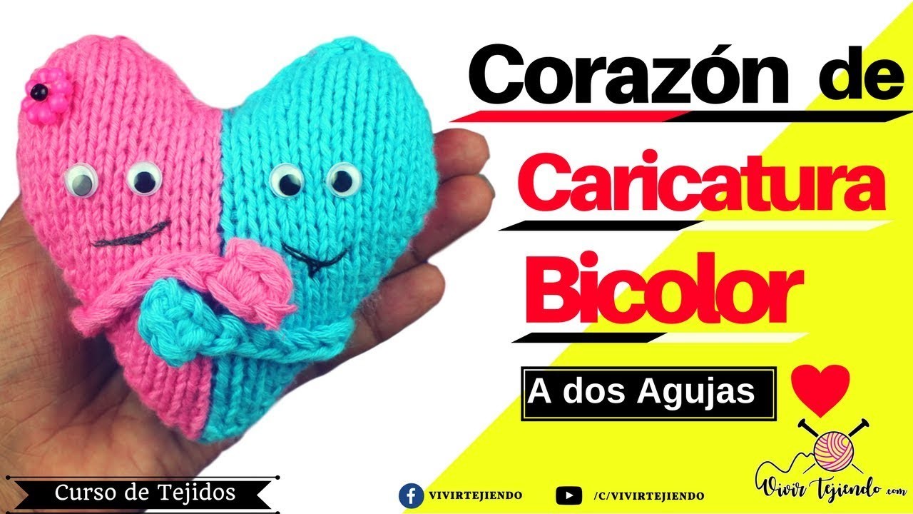 Corazón de caricatura bicolor a dos agujas | tejidos por el día del amor | vivirtejiendo.com