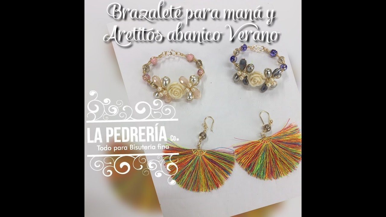 Brazalete con rosa de resina y Aretes borla de abanico