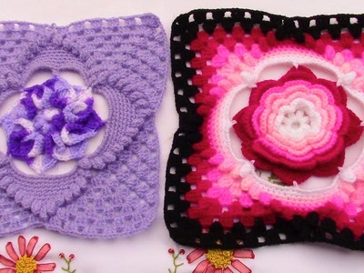 Cuadrado a crochet para aplicar con distintas flores para colchas, cubrecamas y cojines