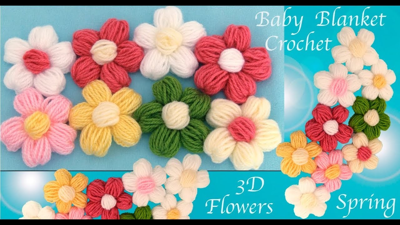 Flores punto puff 3D a Crochet para cobijitas de bebe tejido tallermanualperu