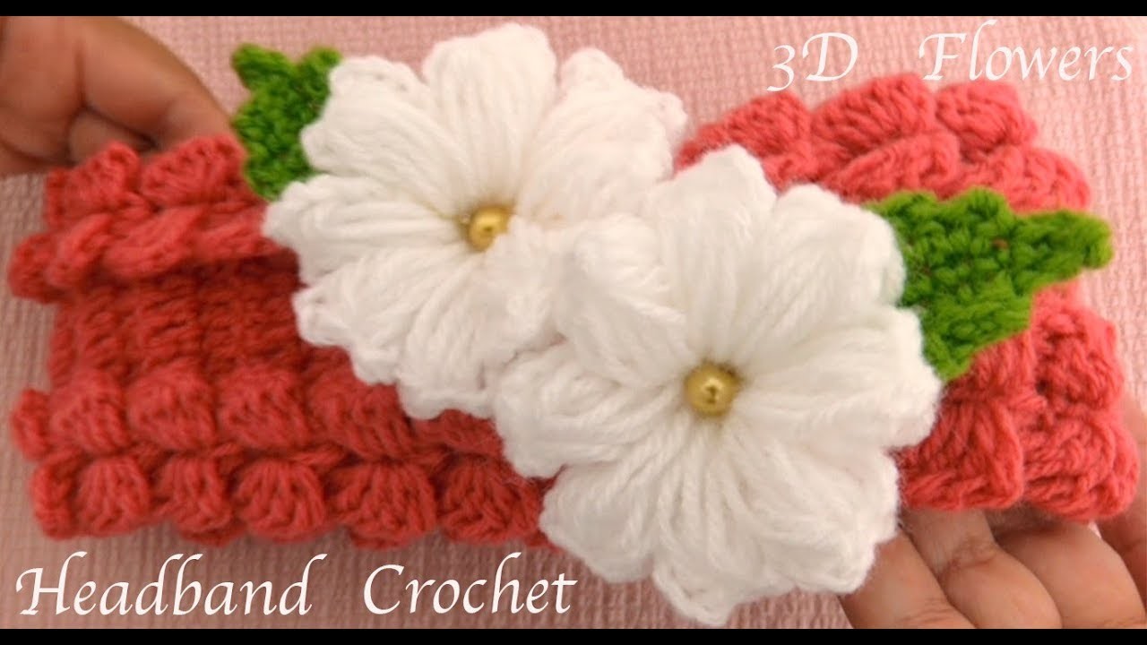 Diadema a Crochet con flores 3D en punto trenzas mariposas tejido tallermanualperu
