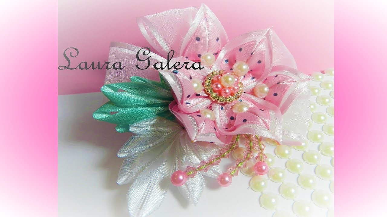 Flor con hojas para moño y tiara  Flower with leaves for bow