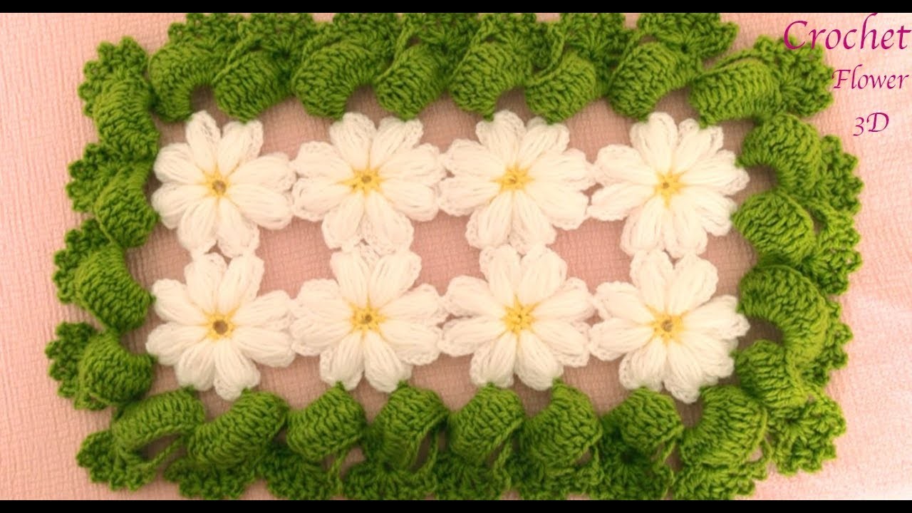 Flor Margarita 3D tejidas a Crochet con hojas para cobijitas caminos de mesa tejido tallermanualperu