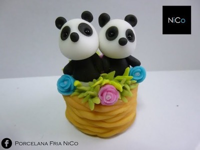 Pandas en canasta de porcelana Fria - Basket Pandas polymer clay