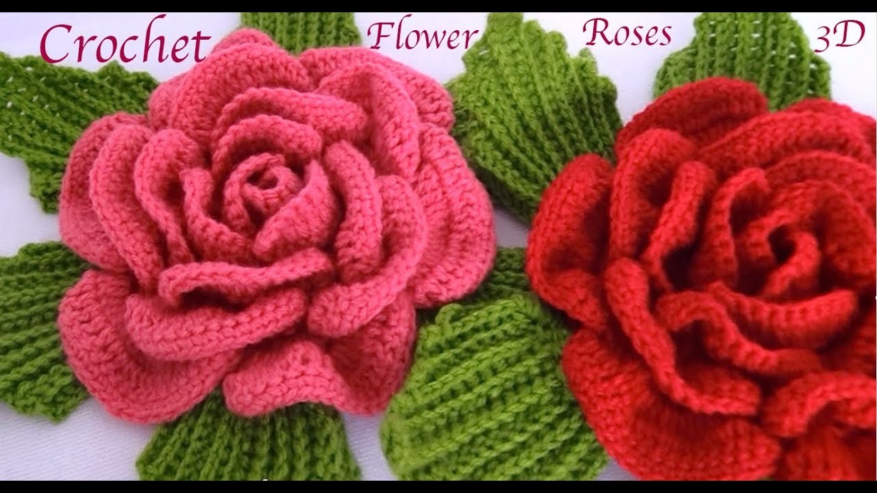 Como hacer flores Rosas gigantes 3D con hojas a Crochet paso a paso tejido tallermanualperu
