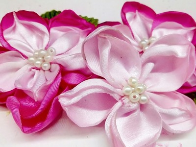 Канзаши, flores de listón fáciles ???????????? satín ribbon flowers tutorial. laços