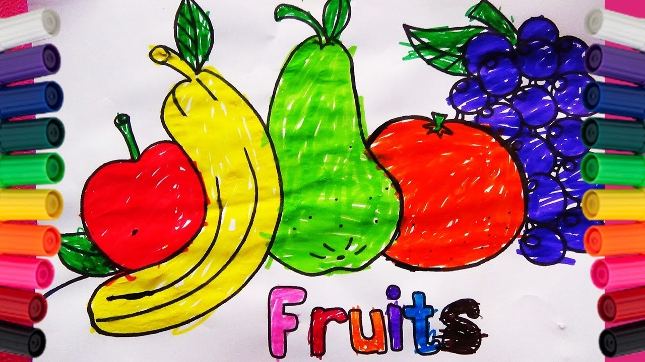 Niña de 5 años Coloreando Frutas como Manzana, Plátano, Pera, Naranja y Uvas - DIBUJOS  PARA NIÑOS