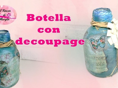 Botella Vintage turquesa con decoupage