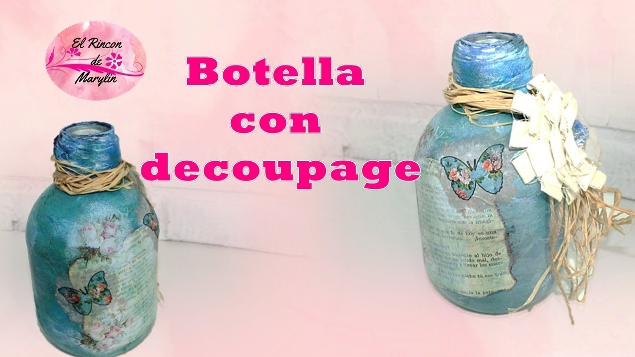 Botella Vintage turquesa con decoupage