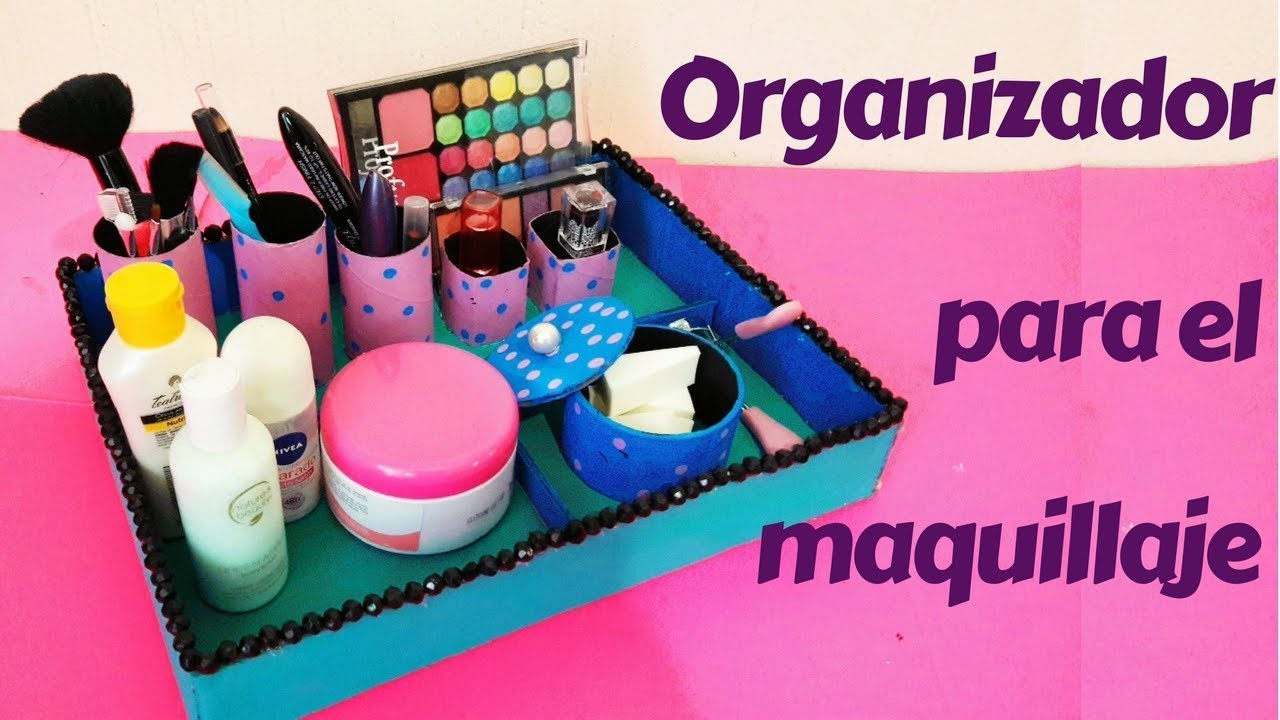 Organizador para maquillaje hecho con tubos de papel higiénico y cartón, DIY