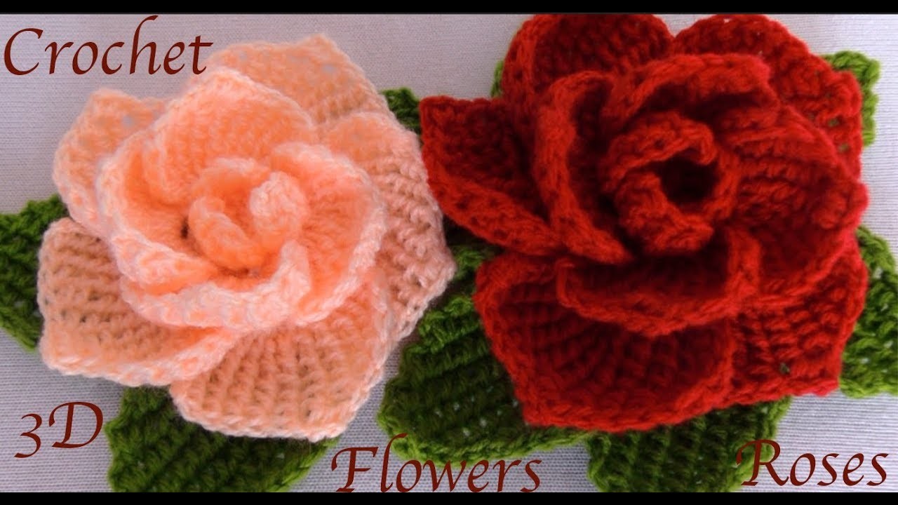 Como hacer flores rosas 3D con hojas a Crochet paso a paso en punto tunecino tejido tallermanualperu