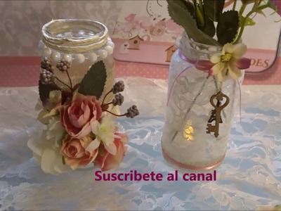 Frascos de cafe decorado con encaje y flores