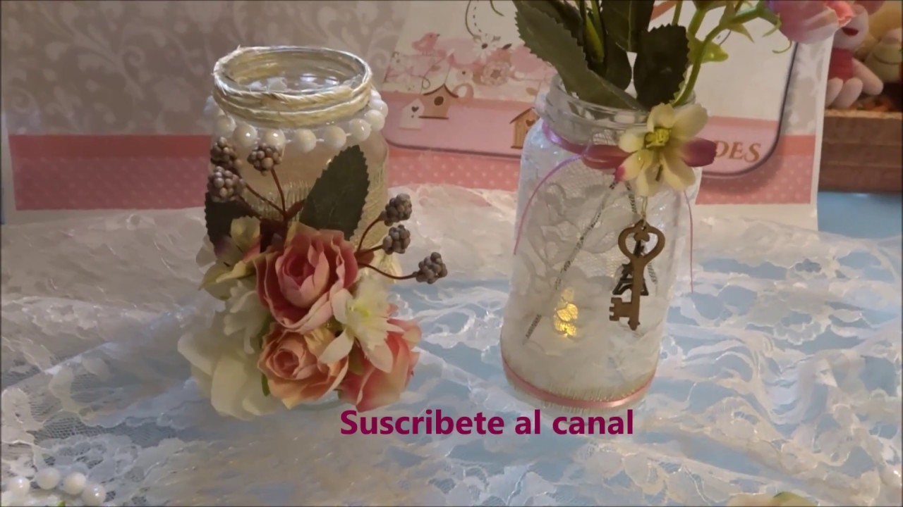 Frascos de cafe decorado con encaje y flores