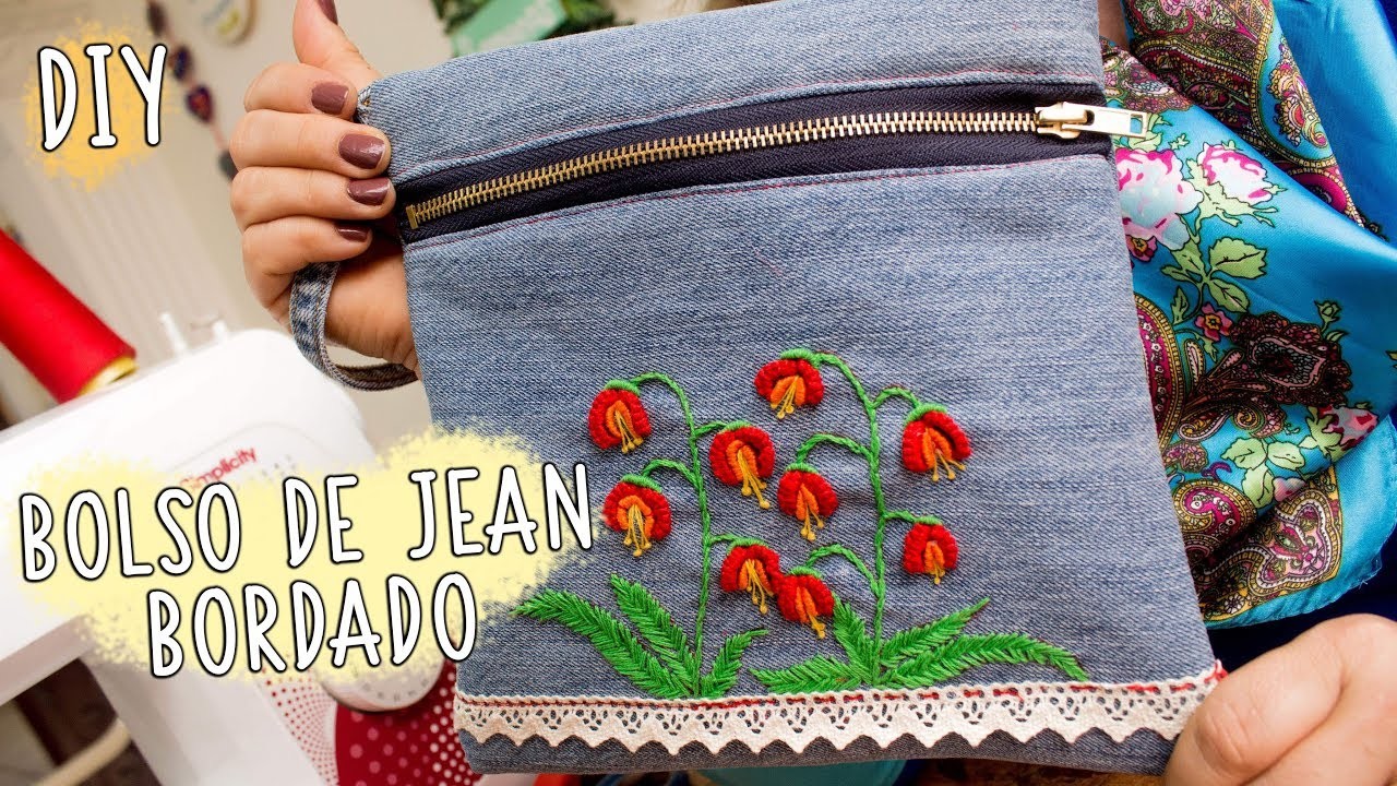 Bolso bordado a mano reutilizando un jean. cast on stitch.handbag brazilian embroidery