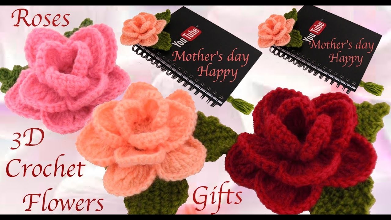 Como hacer flor rosa 3D a Crochet Como hacer regalos lindos fáciles y rápidos para el día la Madre