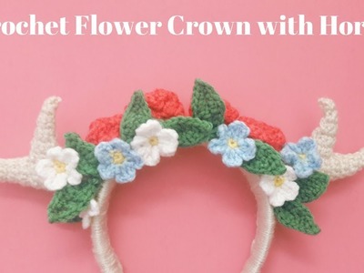 Crochet Flower Crown Headband w. Horns | Cómo Tejer Diadema.Corona de Flores con Cuernos a crochet