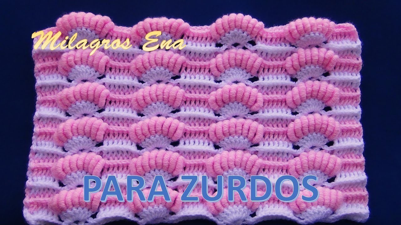 PARA ZURDOS: Punto a crochet Abanicos de Rococo combinado con punto Relieves para cobijas de bebe