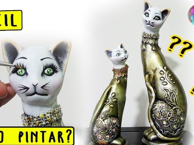 Como pintar ceramica - gatos metalizados para centro de mesa. Decorated cats