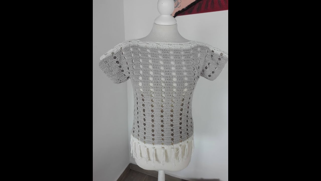 Blusa azalea en tonos gris y beige con flecos tejida a crochet