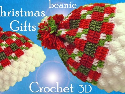 Gorro a Crochet punto Escocés copos de nieve en 3D ideas regalos de Navidad tejido tallermanualperu