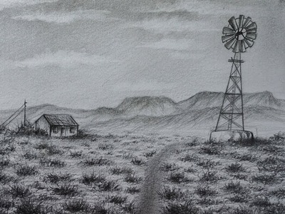 Cómo Dibujar una casa y un molino en el desierto a Lápiz Paso a Paso