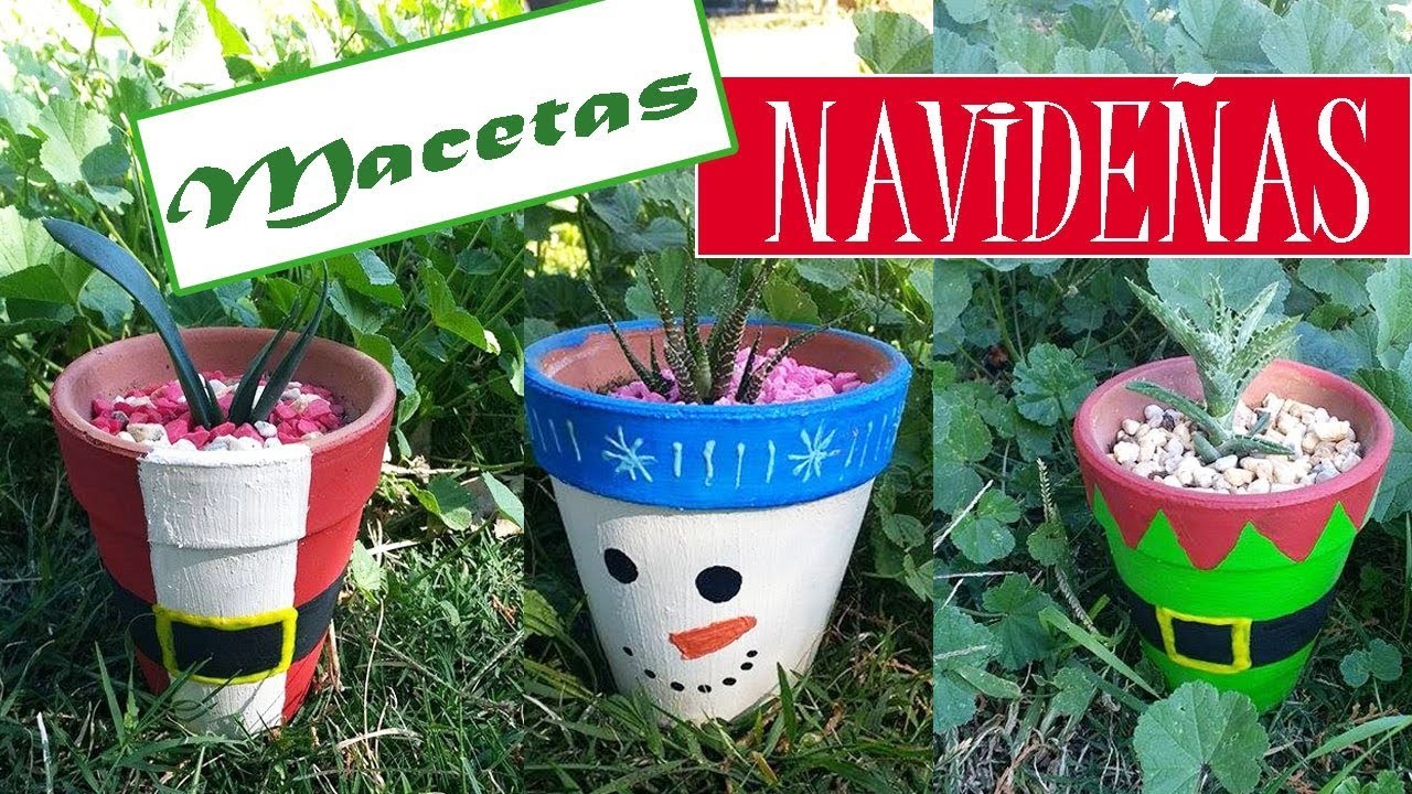 Macetas navideñas. Mono de nieve, Santa y Duende