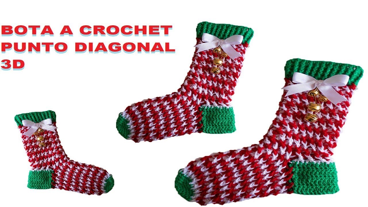 Bota navideña Tejida a crochet con punto diagonal 3D a crochet