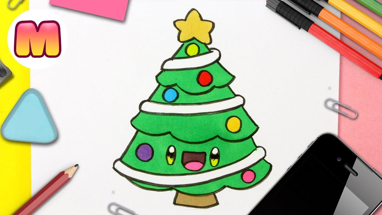 COMO DIBUJAR UN ARBOL DE NAVIDAD KAWAII  - Dibujos navideños faciles - Dibuja de una manera facil